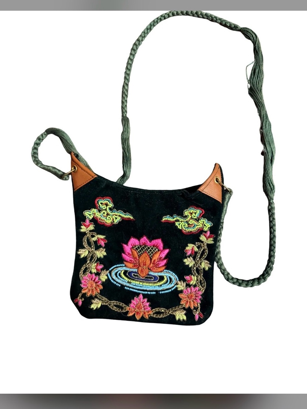 The Pyramid Collection Embroidered Lotus Crossbody - Black, Pink & Green